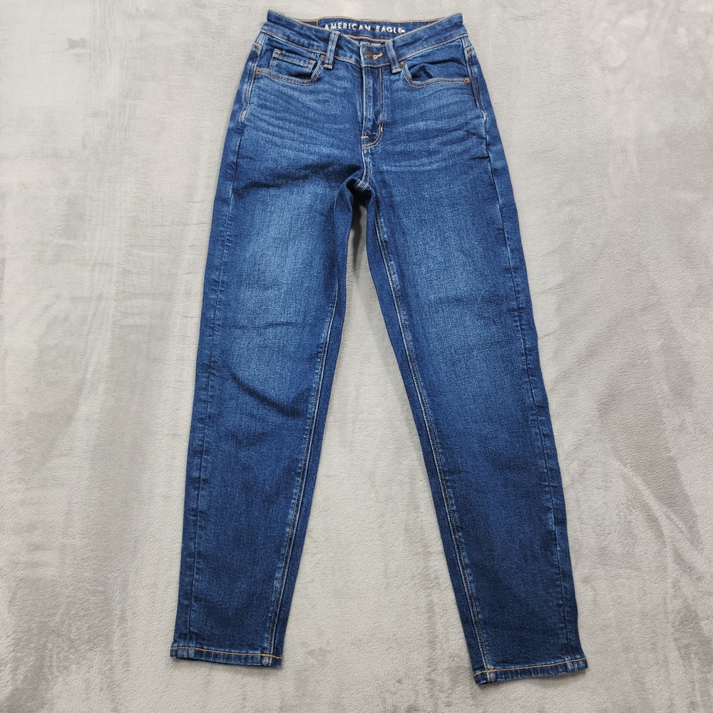 American Eagle Jeans Womens 00 SHORT Blue High Rise Mom Relaxed Stretch Denim